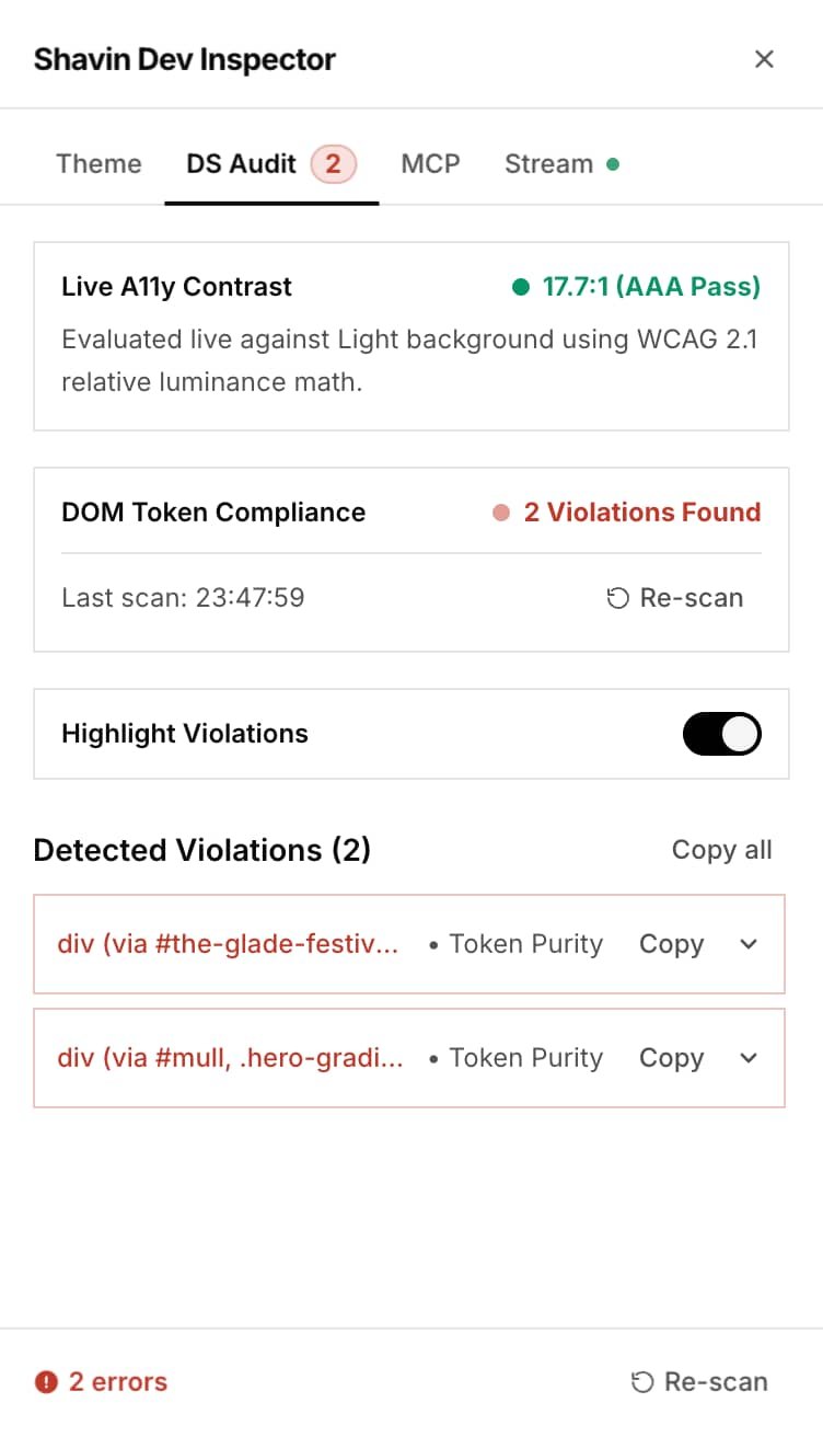 Shavin Dev Inspector overlay inspecting a Card component with token and variant breakdown
